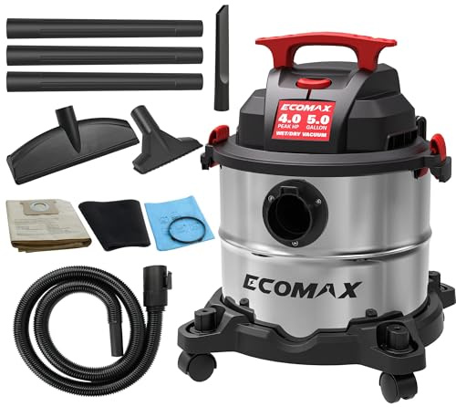 ECOMAX Shop Vacuum Wet and Dry 5 Gallon 4 HP Stainless Steel Wet Dry Vac with Powerful Suction and Blowing Function, Portable 3 in 1 Shop Vacuum for Home, Garage, Car, Jobsite and Workshop, EM18115