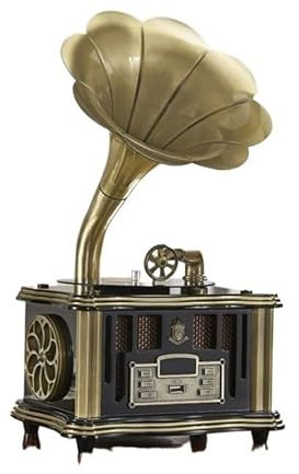 Vintage Stereo Gramophone Vinyl Record Player with Built-In Speakers, 3.5mm Aux-in, USB, FM, Bluetooth Function