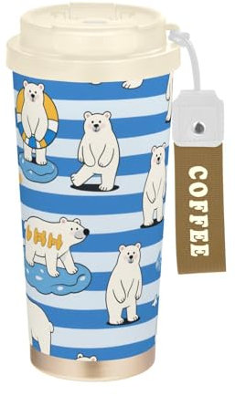 tplaotee Tazze da caffè isolate con orsetto a righe bianche e blu, in acciaio inox, con coperchio, per bevande calde e fredde, 500 ml, a prova di perdite