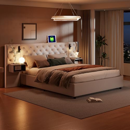 LIVLUX Lit 160x200 avec sommier LED et USB, Lit Double rembourré avec Coffre de lit hydraulique, Tête de lit avec Lampe de Lecture et 2 Tables de Chevet,lit 2 Places,Velours (Beige, 160 x 200 cm)