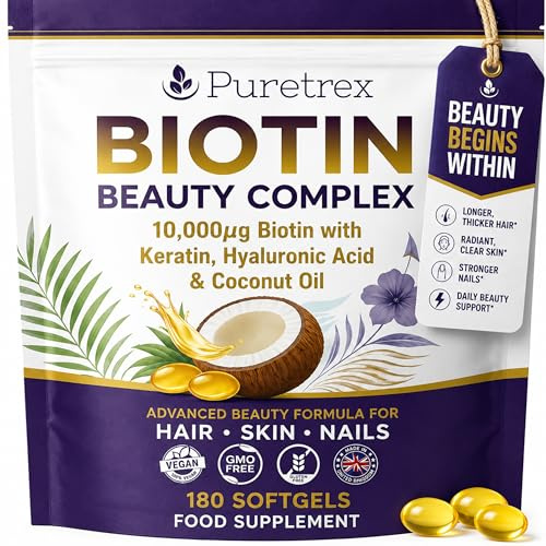 Puretrex Biotin 10, 000mcg Hair Skin and Nails Vitamins, 180 Vegan Softgels | With Keratin Bamboo Silica Hyaluronic Acid Zinc Selenium and Vitamin E Oil Based Softgels 6 Month Supply