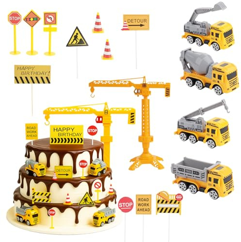 16pcs Digger Cake Decorations - Mini Construction Cake Decorations, Digger Birthday Decorations, Digger Cake Topper, Kids PartyToys, Diggers Construction Vehicles Party Decorations