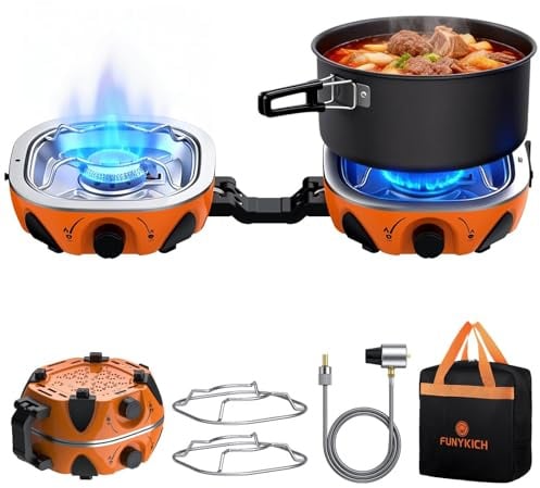 FUNYKICH Cocina de Camping Plegable de 2 Quemadores con Bolsa de Transporte, 2x 3kW Camping Gas Portátil con Manguera Reguladora, Construcción Robusta para Camping,Picnic,Jardín,Barbacoa