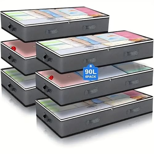 Linen Home Under Bed Storage Bag 90L Pack Of 6 Large Foldable Under The Bed Storage Organiser For Clothes, Blankets, Toys & Shoes - Storage Containers With Handles, Dual Zippers, & Clear Top. (6 Pack)