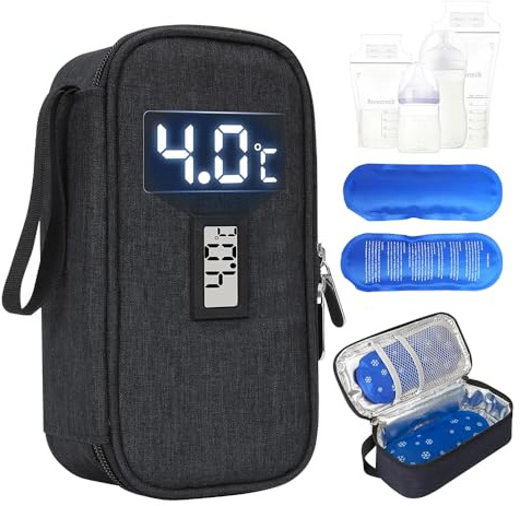Hojalis Breastmilk Cooler Bag, Real-Time Temperature Display, Portable Breast Milk Cooler Travel Bag with 2 Ice Packs, Insulated Breastmilk Storage Bag Cooler,Breastmilk Cooler Case for Moms (Black)
