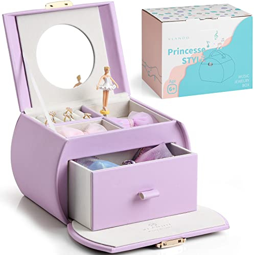 VLANDO Schmuckkästchen Mädchen,Groß Schmuckkasten Kinder mit Ballerina | Spielzeug Geschenk Mädchen mit DIY Aufkleber, Schmuckaufbewahrung mädchen mit Schubladen Spieluhr,Lila