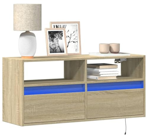 WDGJJFECNMUEHI Meuble TV Mural Flottant Moderne avec éclairage LED RGB réglable, en chêne Sonoma, 100 cm, Grand Rangement 2 tiroirs 2 Compartiments pour Salon et Salle de Jeux