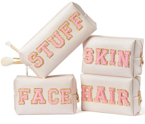 Kosmetiktasche Preppy Patch Extra Large Varsity Chenille Letter Makeup Bag PU Leather Waterproof Portable Cosmetic Toiletry Organizer Gift für Frauen(4PCS)