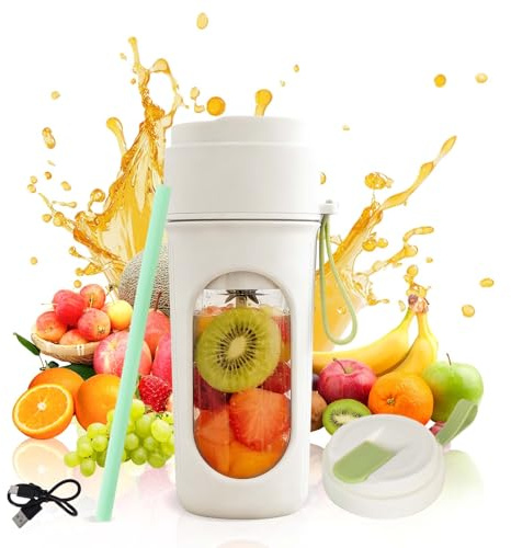 Tragbarer Mixer Smoothie Maker 450ml Mini-Mixer mit Strohhalm, 2 Auslaufsicherer Deckel, 12-Blatt-Edelstahlklinge Leistungsstarker Mini Standmixer Mini Blender USB-Ladung Tragbarer Persönlicher Mixer