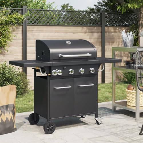 QUAHEAS Barbecue a gas con 5 fuochi, acciaio verniciato a polvere, potenza 16 kW, grande superficie di cottura 63 x 40 cm, ripiani laterali, accensione piezoelettrica, termometro, barbecue mobile per