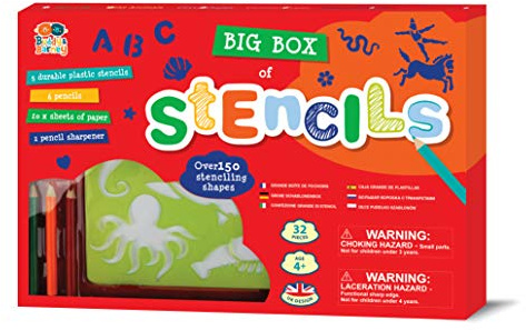 Buddy & Barney Stencils for Kids - 32 Piece Stencil Sets for Kids | Large Stencils Set Including 6 Pencils, 5 Stencil Sheets & Paper | 150 Stencil Shapes of Animal Stencils, Letters, Numbers & More
