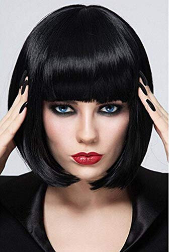 Mildiso Kurze Bob Schwarz Haar Perücken Gerade mit Flach Pony Synthetische Bunte Cosplay Tägliche Party Perücke für Frauen Natürliche Wie Echthaar 12 Zoll 002A
