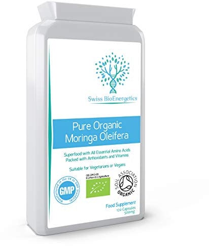 Pure Organic Moringa Oleifera 500mg 120 Capsules - no fillers or Flowing Agents - 100% Natural Soil Association Certified High Strength Superfood with All Essential Amino Acids