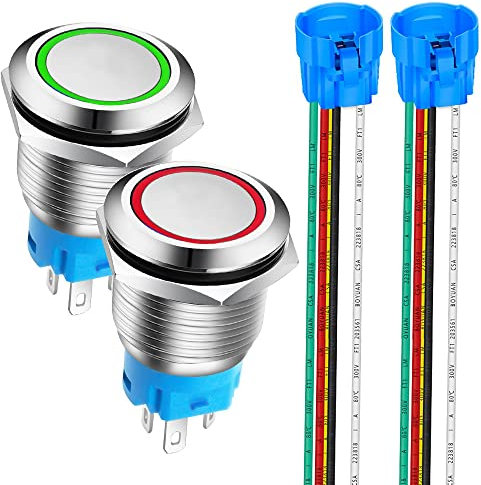 Gebildet 2pcs 19mm Momentáneo Pulsador de Botón Acero Inoxidable, Impermeable ON/OFF 12V-24V 5A LED 1NO1NC SPDT Temporal Botón con Enchufe de Cable(LED Rojo + Verde)