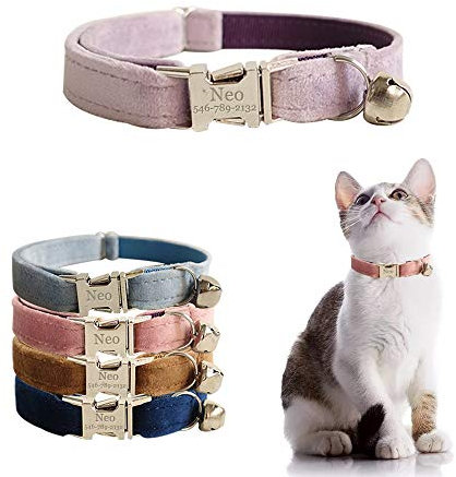 Personalised Cat Collar with Name Plate,Adjustable Tough Nylon Cat ID Collars with Bell,Customize Engraved Pet Name and Phone Number (Velvet Style B)