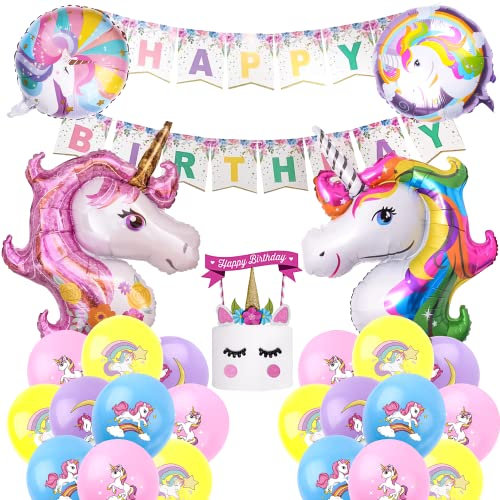 Einhorn Geburtstagsdeko Mädchen, Kindergeburtstag Set mit Happy Birthday Banner, 3D Einhorn Folie Ballons, Einhorn Kuchen Topper, Einhorn Thema Prinzessin Mädchen Geburtstag Party Dekorationen