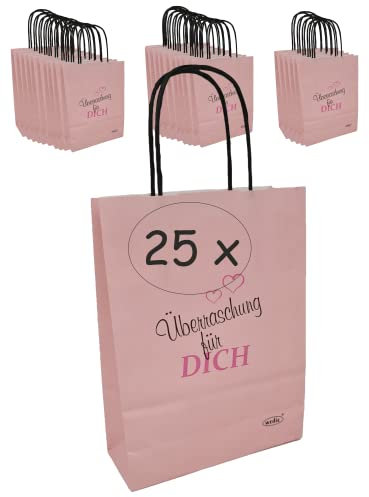 Wedie 25 Stück Geschenktüten mit Henkel rosa I Überraschung für Dich Papiertüten mit Henkel I Geschenktaschen aus rosa Kraftpapier I Geschenktüte Danke zum Befüllen für Weihnachten Nikolaus