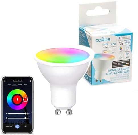 Domos - Bombilla Wifi Inteligente LED Dicroica Luz de Colores de 5.5W | Bombilla GU10 Regulable y Programable Smart Home | Compatible con Alexa y Google Assistant | Cambio de Color RGB e Intensidad