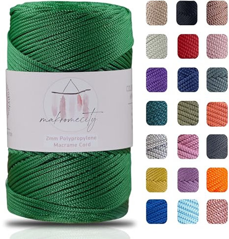 Makromecity, Polyester Macrame Cord 2mm x 250 yards (750 feet) 2mm Polypropylene Benetton Green Macrame Cord Crochet Macrame Bag Cord Crafts for Wall Hangings, Bags, Underplate, Rug