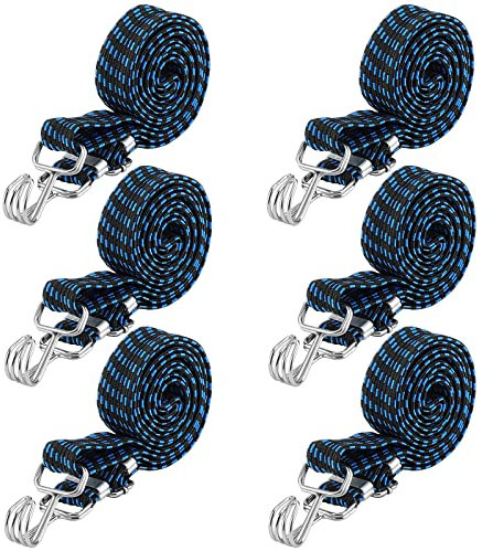 MUKCHAP 6 correas elásticas ajustables de 2 m x 3 cm, cuerdas elásticas resistentes con ganchos, correas elásticas planas para mudanza de equipaje, amarre de carga, campamento, fijación de lona
