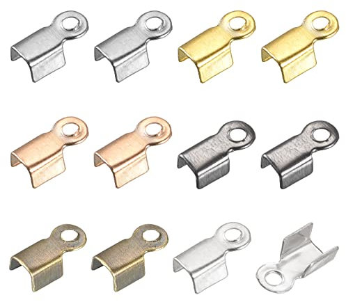 sourcing map 400Pcs Fold Over Cord Ends, 3x6mm Terminators Crimp Cap Clasp Tips for Leather Ribbon DIY Craft Making, Set of 6 Colors