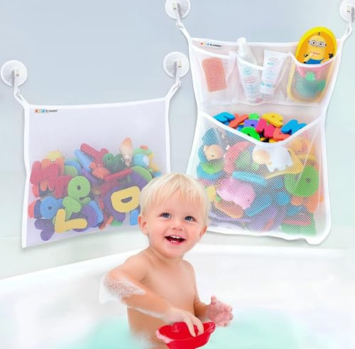 2 x Large Bath Toy Holder, Kids Bath Tub Toy Basket, Corner Mesh Bag, Baby Bathtub Storage Organizer, Bathroom Net Bucket, Toddler Shower Caddy Hanging Bin with 6 Suction Cups, 4 Adhesive Wall Hooks