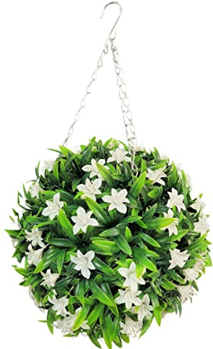 Best Artificial 28cm Lily Topiary Hanging Flower Ball **UV Fade Protected** (White)