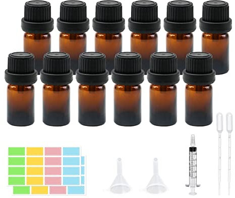 Reyshin 12Pcs 5ml Essential Oils Glass Bottles,Amber Refillable Empty Essential Oil Bottle with Black Cap Sample Glass Bottle for Essential oil Diffuser Massage Oils Beauty Oil Mix (Amber 5ml)