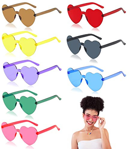 Seasboes 8 Stück Farben Party Brille, Herzform Sonnenbrille, Retro Farbige Gläser, Randlose Brille für Geburtstagsfeier, Halloween, Foto Requisiten, Maskerade