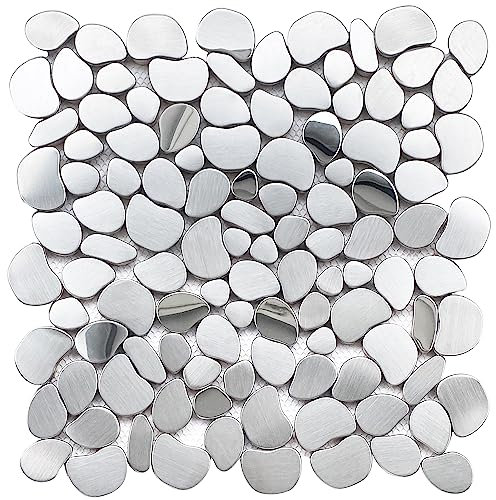 Primoon Metall-Kieselstein-Mosaikfliesen, 5 Bögen, Edelstahl, Fliesen-Mesh-montiert, silberfarbene Metallfliese für Küche, Bad, Spritzwasser, Duschboden