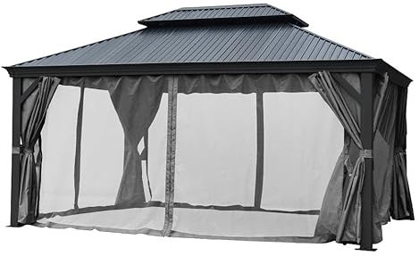 Jet-Line® | Pavillon Bagdad | Pergola mit UV Sonnenschutz | Maße 3,65 x 3,65 m | Metalldach | ALU | Wasserdicht | Stabil | Winterfest | freistehend | inkl. Vorhang und Moskitonetz |