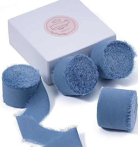 FAKILO Chiffonband Dunkelblau 18,3 Meters, 25mm Schmal mit fransen Chiffon Band Seidenband für Hochzeit, Hochzeitsstrauß und Geburtstag Geschenk, Tischdekoration