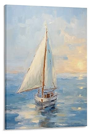 KONIEE Ölgemälde-Poster mit Segelschiff bei Sonnenuntergang, Ruhe Meer, skandinavischer Stil, Wandkunstdrucke, Gemälde für Haus, Zimmer, Dekoration, Geschenk