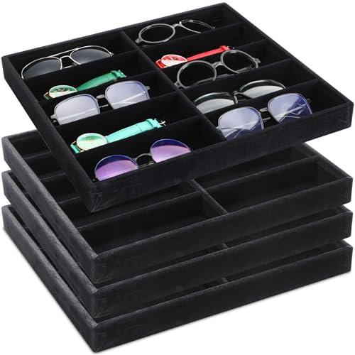 Batiyeer 4 Pcs Sunglasses Organizer Tray 10 Grids Eyewear Glasses Storage Watch Holder Display Stackable Velvet Jewelry Tray (Black)