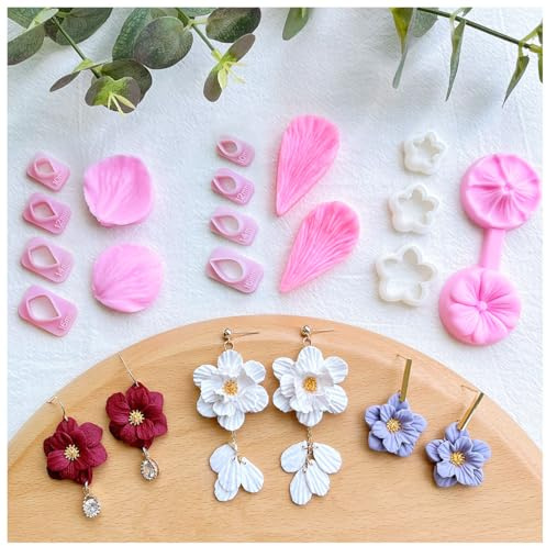 Keoker Emporte-pièces pour pétales de fleur en argile - Emporte-pièces pour argile polymère pour la fabrication de boucles d'oreilles, 4 formes avec presse à pétales en argile polymère, emporte-pièces