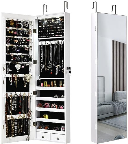 HOMASIS Schmuckschrank zum Aufhängen mit Haken, abschließbares Schmuckregal mit LED Lichtern, Spiegelschrank mit großem Stauraum, Wandspiegel für Schmuck & Kosmetika, 35,5 x 10 x 120 cm (Weiß)