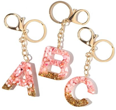 Crafted Memories - Personalised A-Z Letter Keyring | Pink Stone Shavings & Gold Foil | Handmade Unique Design | Ideal for Keys & Bags | Car Key Rings Men | Number Plate Keychains, Pink