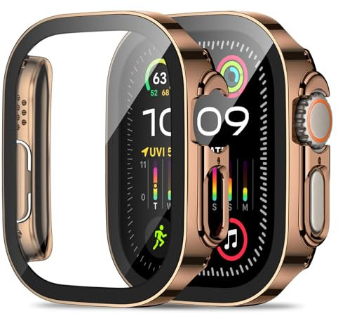 ZZDZZ 2 Pièces Coque Compatible avec Apple Watch Ultra 2/Ultra 49mm avec Protection Écran en Verre Trempé, Ultra Mince Dur PC Antichoc Housse Coque pour iWatch 49mm (Or Rose/Or Rose)