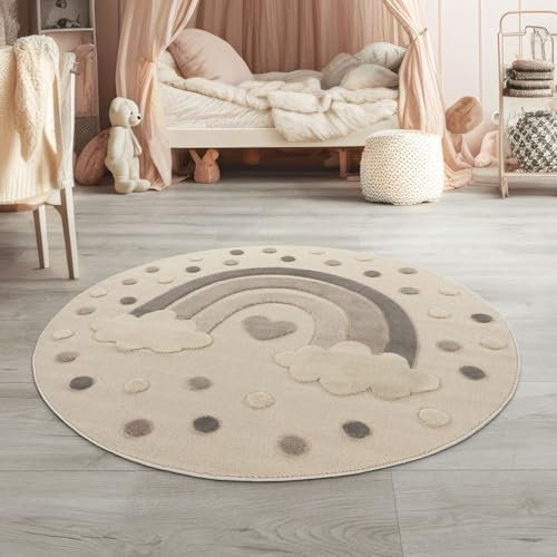 TT Home Kinderteppich Kinderzimmer Teppich Spielteppich Kurzflor Sonne Flauschig 3D, Farbe:Dunkelbeige Dunkelcreme Creme, Größe:160 cm Rund