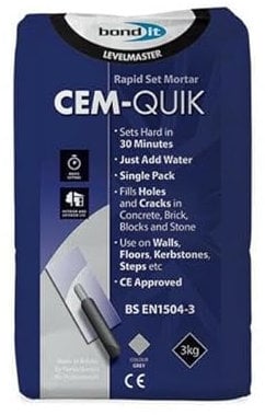 Bond It Rapid Set Cement Mortar Repair Fill Smooth Wall Floor Holes Gap Crack Fill Smooth Walls Floors Holes Gap Grey (3kg)