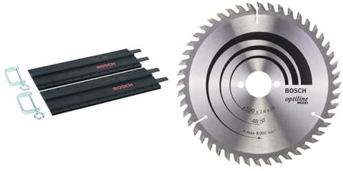 Bosch 2x Führungsschiene aus Kunststoff mit Schraubzwingen (2x 350 mm, Zubehör Kreissägen) & Bosch Professional 1x Kreissägeblatt Optiline Wood