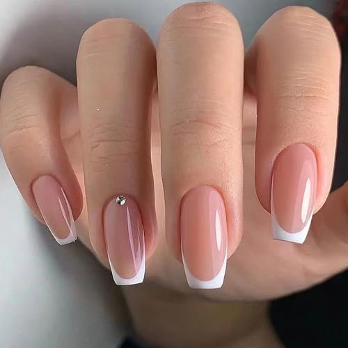 MrCuvaryas 24 Stück Französisch Falsche Nägel Zum Aufkleben, Press on Nails - Französische Nägel mit Strass, Eckig White Acryl Künstliche Fingernägel Natur für Nail Art (Nude French)