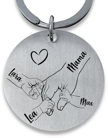 SMARTEON Personalisierter Schlüsselanhänger mit Gravur für Mama, Geschenk mit Namen, für Kinderhände, einzigartiger Schlüsselanhänger mit Gravur, Geschenk zur Taufe, Hochzeit, Geburtstag