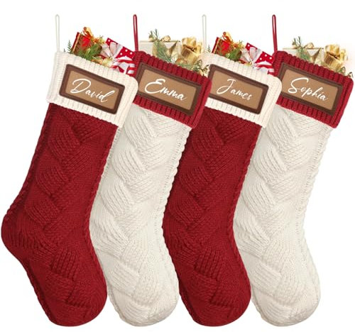 Dremisland Lot de 4 Chaussette de Noël personnalisée 46 cm Tricotés de Bas de Noël Classiques à Carreaux Grand Decorative Chaussettes Noel de Cheminée à Suspendre Xmas Sac Cadeau Sac de Bonbons