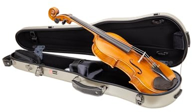Crossrock Poly Carbon Shaped Violin Case for 4/4 Full-Size | Matte Champagne Finish, Hygrometer, Accessory Storage – Lightweight Hard Shell for Daily Travel -Champagne (CRF4050VFCH)