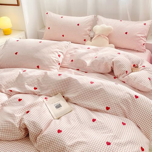 Covebett Bettwäsche 135x200 Kariert Rosa mit Rot Herz Herzen Muster Mädchen Bettbezug 2teilig Aesthetic Modern Karo Herzmuster Microfaser Deckenbezug mit Reißverschluss und Kissenbezug 80x80cm