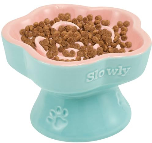 Raised Cat Slow Feeder Bowl Ceramic Elevated Cat Food Bowl Safe Shallow Wide Tilted Cat Dog Eating Bowl Cute Pet Feeder Bowl Dog Food Bowl for Cats Dogs Dry and Wet Food
