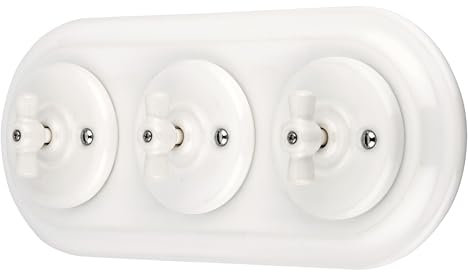 Interruttore a incasso in porcellana, stile retrò, rotante, a 3 prese, All-in-One, set serie PR1, bianco