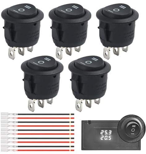 5 Stk Kippschalter 3 Positionen,Wippschalter 12v 3 Polig,Mini Wechselschalter Rund mit Draht 15cm,Kippschalter 12v Ein-Aus-Ein,3Pins Einbauschalter Einrastbare Eingebettet Runde für Auto Boot(Schwarz)