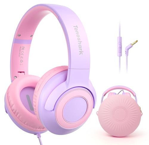 TONOSHARK Kids Headphones Wired, Toddler Headphones with Microphone, Volume Limited to 85/94 Db, Over Ear, 3.5mm Jack, Foldable Headset, For School & Travel, Includes Headphone Case (Purple)
